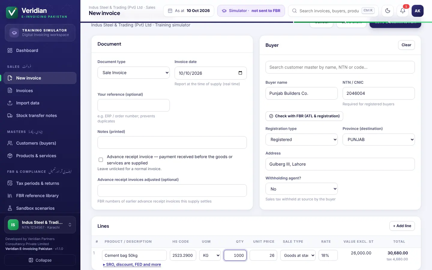 Invoice entry with live tax calculation