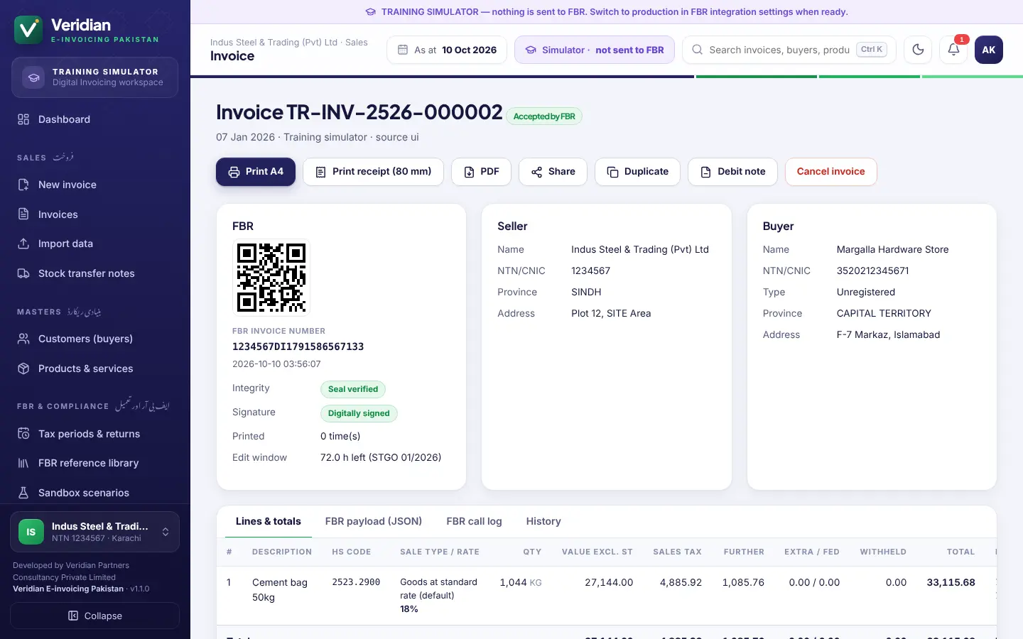 An invoice accepted by FBR with its FBR invoice number and QR code