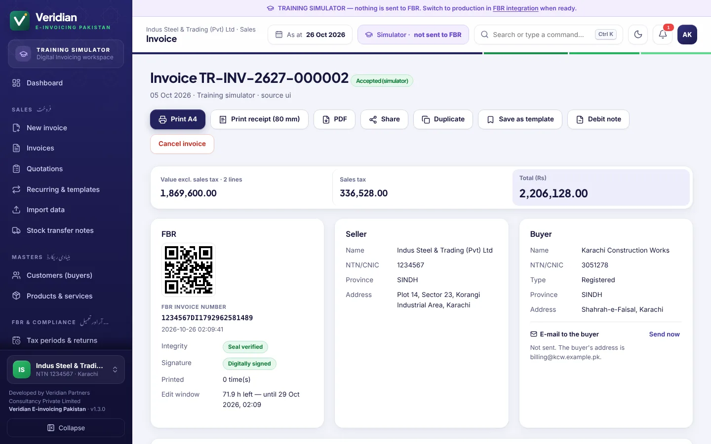 An invoice accepted by FBR with its FBR invoice number and QR code