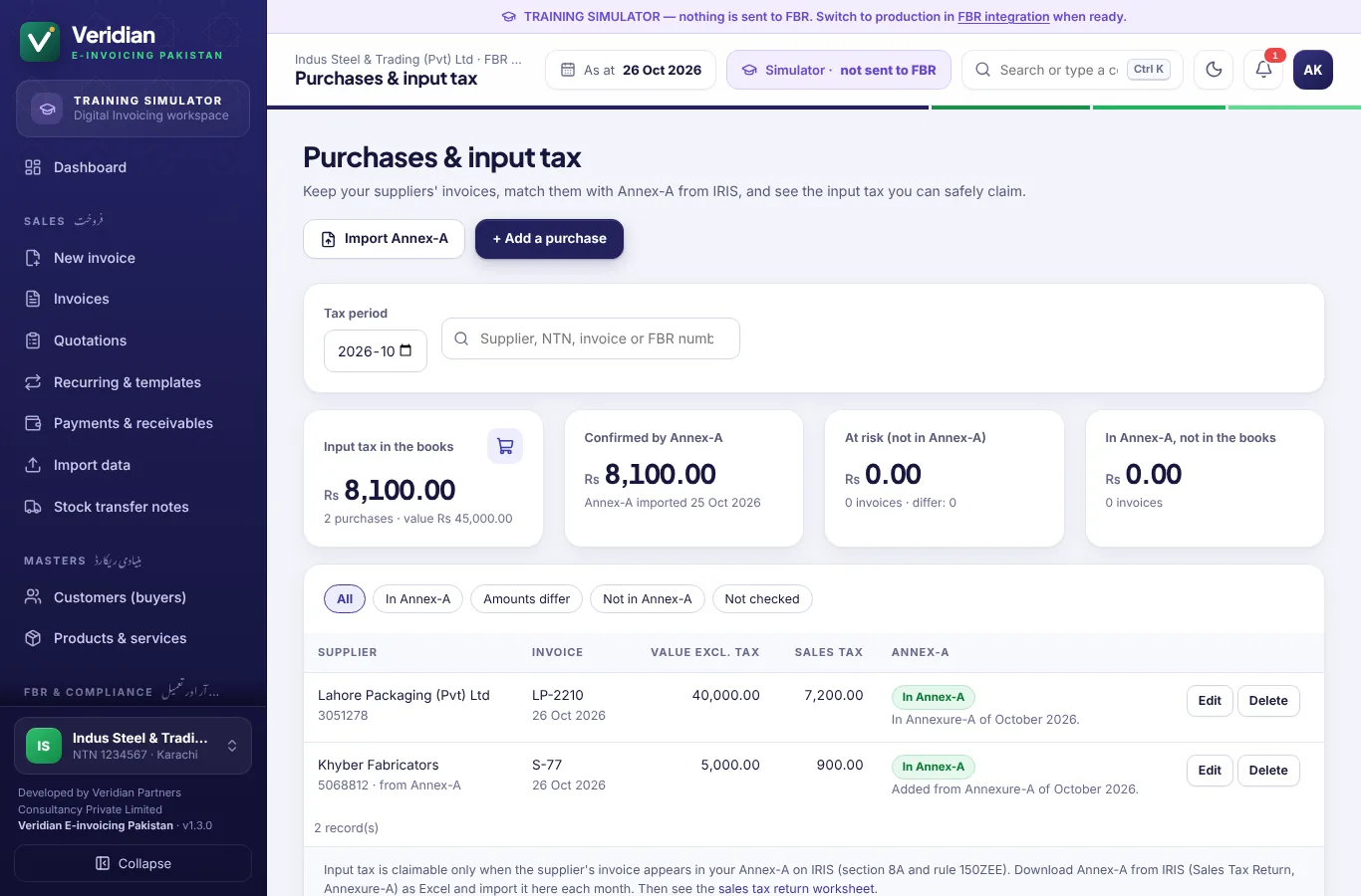 Purchases and input tax matched with Annex-A
