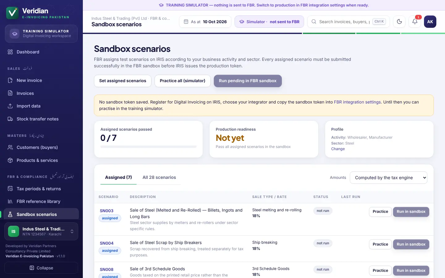 FBR sandbox scenarios for certification